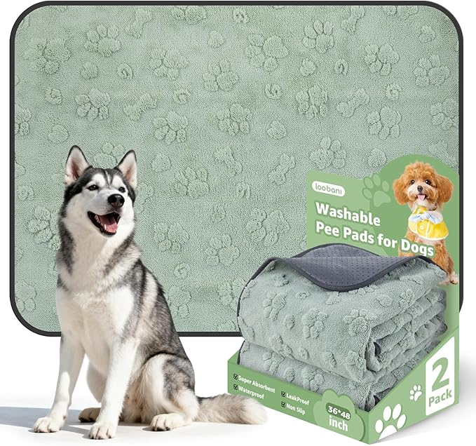 LOOBANI Washable Pee Pads for Dogs: 2 Pack Super Absorbent Reusable Puppy Pads, Leakproof and Waterproof Dog Training Pads Whelping Pads for Potty, Floor, Crate, Couch Bed and Travel, 36"x48"