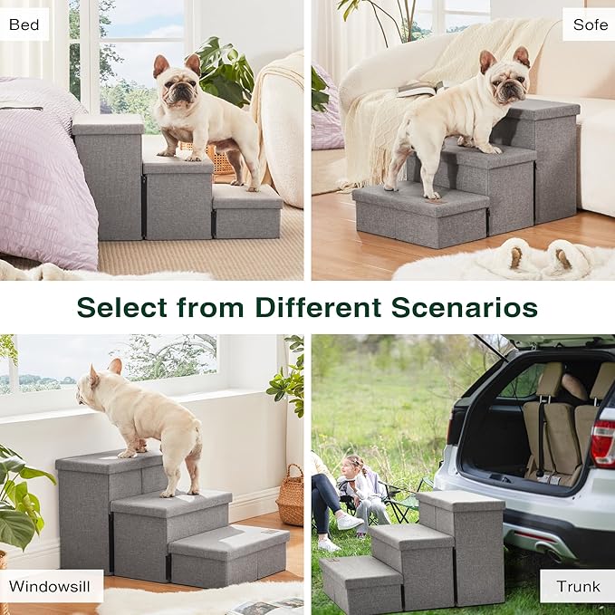 Love's cabin Dog Stairs for High Bed 18"H,Foldable Pet Stairs for Small Medium or Large Dogs Puppy with Storage for Bed or Couch, Cat Dog Steps Ramp with Zip up to 200 lbs(Solid Grey,3 Steps no Condo)