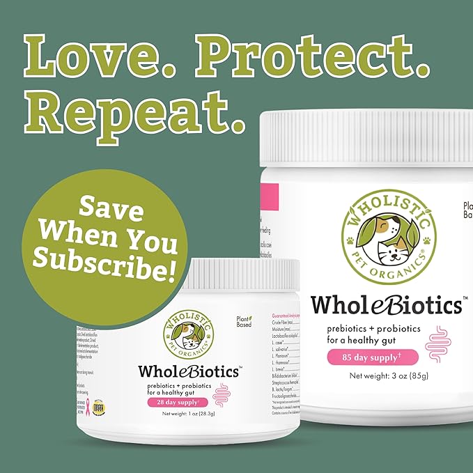 Wholistic Pet Organics WholeBiotics - Daily Dog Probiotics for Digestive Health Support & Immune Boost - 9 Strains - Prebiotics & Probiotics for Dogs & Cats - Gut Health for Dogs - 3 Oz - 85 Scoops