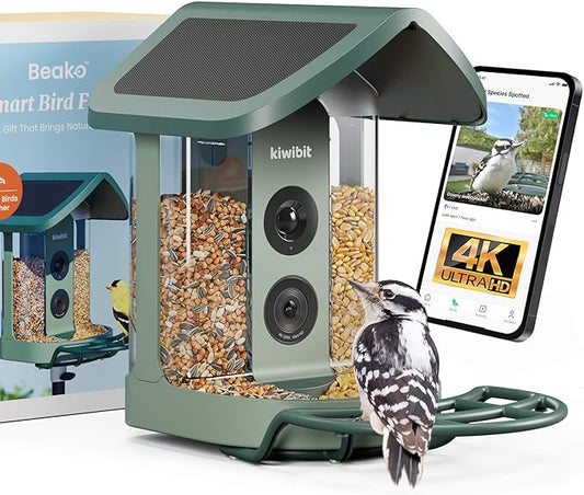 Kiwibit Beako™ Smart Bird Feeder with 4K Camera 4.4W Solar Roof for Outdoors - Ultra HD Live Stream & Photos, 10,000+ Bird Species AI-Identified, Real-Time Motion Detection, Easy Setup, Refill & Clean