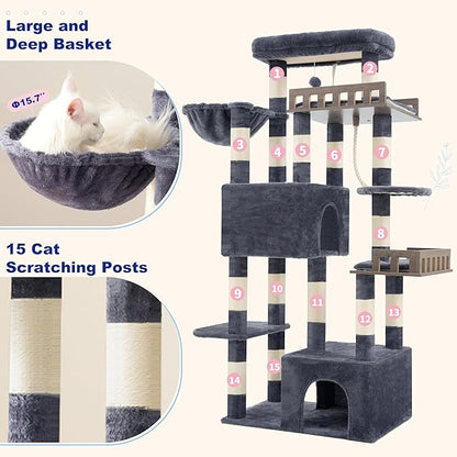 Maine Coon Cat Tree, Heavy Duty Cat Tree for Indoor Cats Large Adult, Cat Tower for Large Cats 20 lbs+ with Hammock, 2 Big Perches, 2 Cat Condos, 15 Scratching Posts, Smoky Gray GCT033G