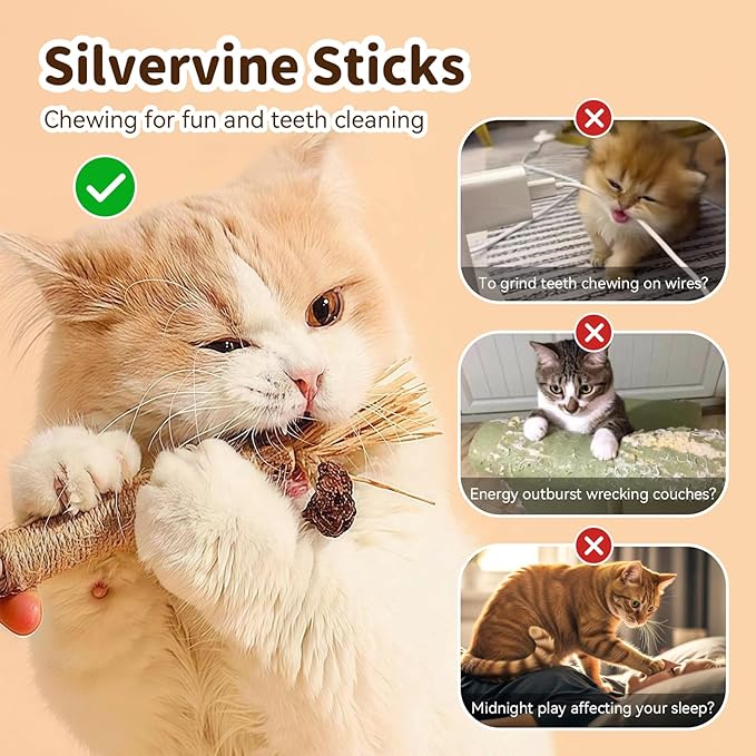 Cat Toys for Indoor Cats, 3 Pcs Silvervine Sticks with Gall Fruit & 1 Pc Cat Chew Rope for Teeth Cleaning, Interactive Cat Toys with Catnip, Kitten Chew Toys Teething for All Breeds Red