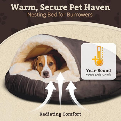 Snoozer Cozy Cave Dog Bed - Indoor Dog Bed with Cover Cave, Covered Calming Burrow for Small & Medium Sized Pets with Blanket Attached, Enclosed, Removable Washable Cover - Large, Dark Chocolate