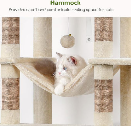 Globlazer XXL Giant Cat Tree, 83 Inch Heavy Duty Tall Cat Tower for Indoor Cats Large Adult, Multi-Level Large Cat Condo with 8 Scratching Posts, Hammock, 2 Cat Caves, 2 Platform, F83B, Beige