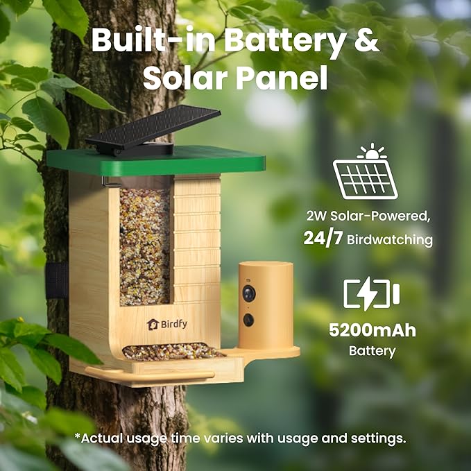Birdfy Smart Bird Feeder with Camera Solar Powered, Night Insight & Slow-Motion Video for Outdoors & Backyard Birds Watching, AI Identify 6000+ Species by Subscription, Wood