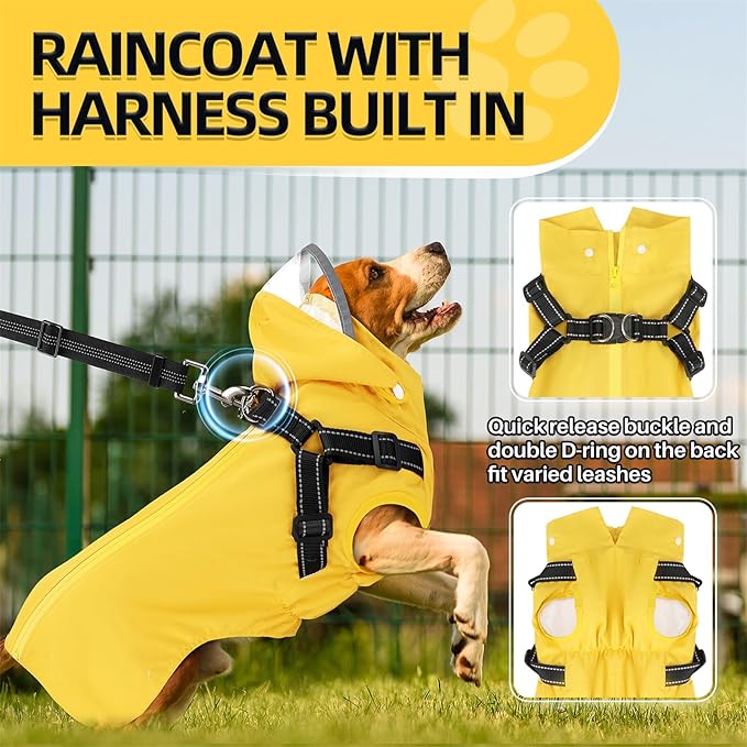 SlowTon Dog Raincoat Waterproof - Dog Rain Jacket with Harness and Hood Lightweight, Reflective Dogs Rain Coat for Large Medium Small Dogs Girl Boy Puppy Poncho Pet Clothes (Yellow, M)