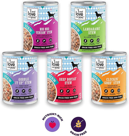I AND LOVE AND YOU Wet Dog Food - Gobble It Up Stew - Turkey Recipe, Grain Free, Filler Free 13oz can, 12pk