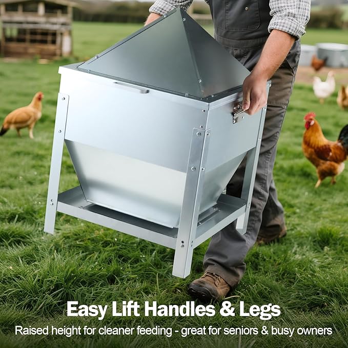 Automatic Chicken Feeder 80LBS, Galvanized Metal Gravity Feeder with 4-Sided Troughs, Waterproof Locking Lid, No Waste Poultry Feeder for Backyard Coops, Free-Range & Small Farms