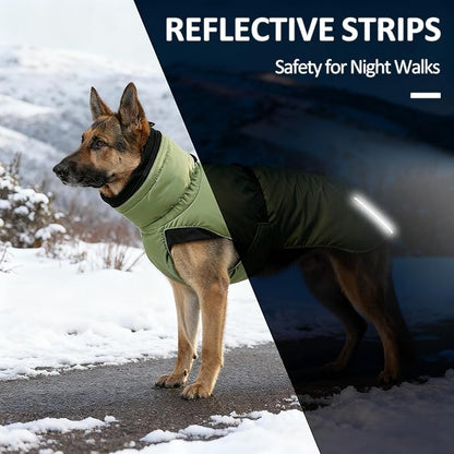 Puffer Dog Winter Coat for Rain and Snow, Water-Repellent and Windproof Jacket Keeps Dogs Warm and Dry, High Collar and Harness Opening Design, Ideal Dog Stocking Stuffer (Green, Large)