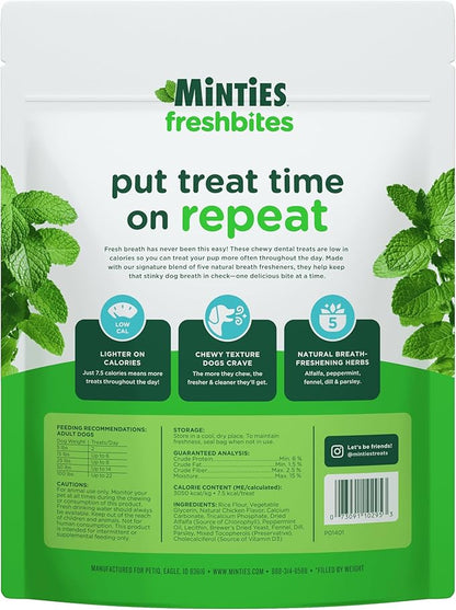 Minties FreshBites Soft and Chewy Dental Treats for Dogs, Low Calorie Natural Mint Flavored Dental Chews for Dogs, 50 Count, Chews Clean Teeth, Fight Bad Breath, and Removes Plaque and Tartar