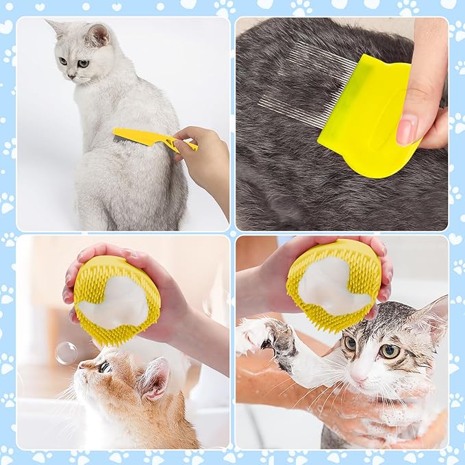 VCZONE 8 Pcs Cat Brush Grooming Kits, Pet Self Cleaning Kit with Pet Nail Clipper and File, Flea Comb, Pet Shampoo Bath Brush, Pet Shedding Brush, Silicone Toothbrush (Yellow)