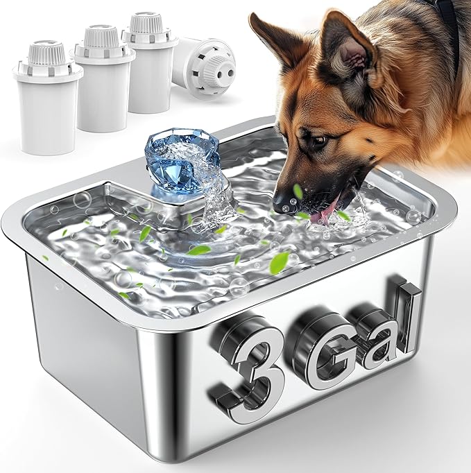 Lesotc Dog Water Fountain for Large Dogs, 11L/3Galon Stainless Steel Large Pet Water Fountain with 4 Filters, Automatic Dog Water Bowl Dispenser, Ultra-Quiet Pump, Ideal for Multi-Pet Home