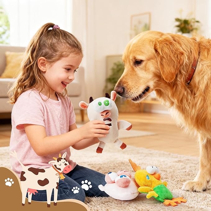 Nocciola Squeaky Dog Toys, Durable Farm Critter Plush Stuffed Dog Toys with Crinkle & 3 Unique Realistic Animal Squeak Sounds to Keep Dogs Busy, Puppy Teeth Toys for Small, Medium & Large Dogs