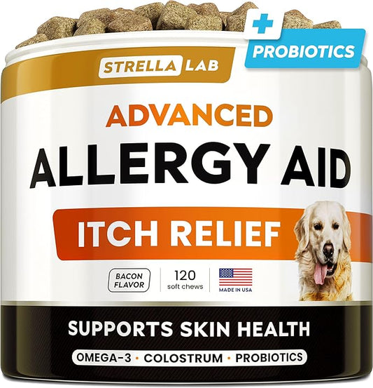 StrellaLab Dog Allergy Relief & Anti Itch Support Chews w/Omega 3: Real Ingredients, Real Taste! Skin & Coat Immune Supplement w/Fish Oil, Pumpkin & Enzymes — Developed by Experts - Made in USA -120Ct