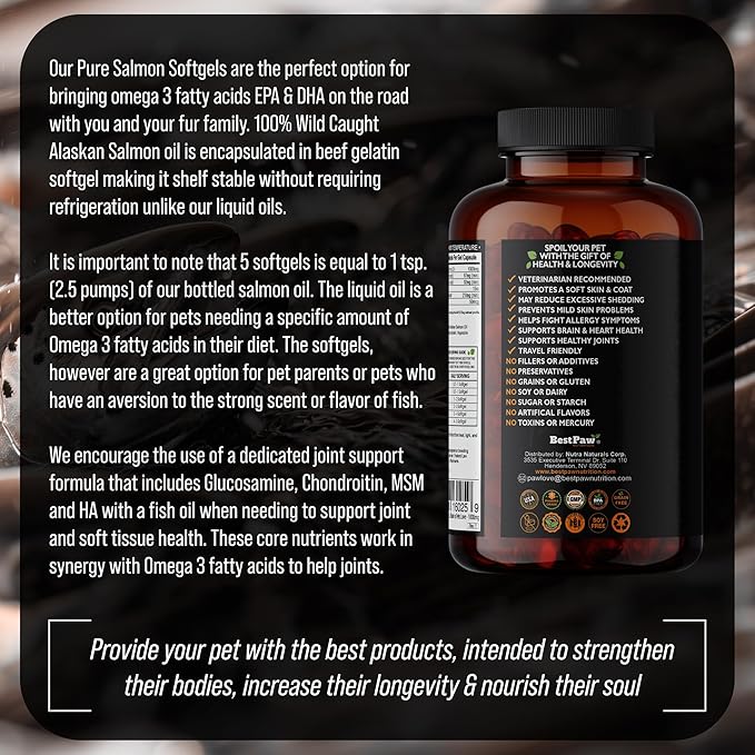 Best Paw Nutrition Pure Wild Alaskan Salmon Oil for Dogs & Cats Allergy, Dry Itchy Skin, Hotspots, & Joint Pain Relief 1000mg Softgels