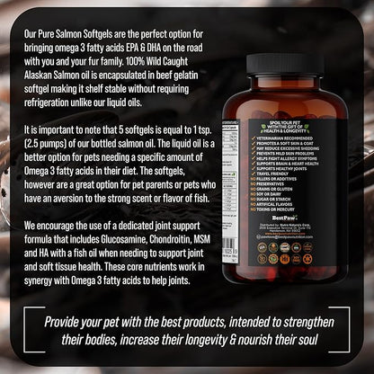 Best Paw Nutrition Pure Wild Alaskan Salmon Oil for Dogs & Cats Allergy, Dry Itchy Skin, Hotspots, & Joint Pain Relief 1000mg Softgels