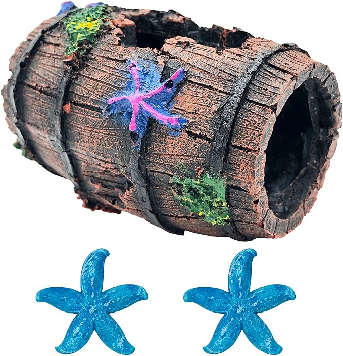 GSD Star-Fish Broken Barrel Decor Resin Betta Tank Accessories Ornaments for Cave Hide Decorations, Broken Barrel x 1pc, Blue Star Fish Ornaments x 2pcs