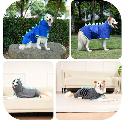 Super Absorbent Dog Bathrobe, Microfiber Bath Robe Towel for Fast Drying, Cozy Fit, Adjustable Belly Strap, Unique Dinosaur Design Dog Drying Coat for Bath, Rainy Walks & Cold Weather