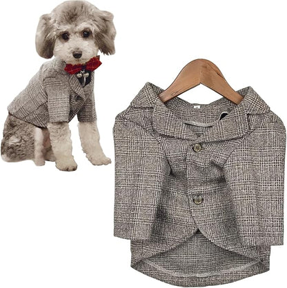 Dog Clothes Pet Plaid Suit Dog Tuxedo Costumes, Formal Gentleman Apparel Vest, Wedding Party Birthday Wear French Bulldog Pug Teddy Terrier (XXL, Brown Coat)