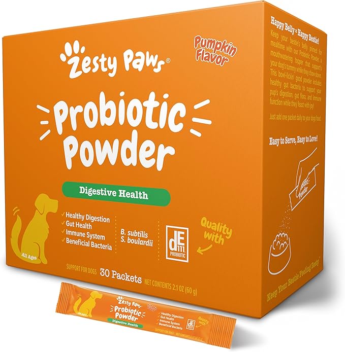 Zesty Paws Probiotics for Dogs - Powder Meal Topper for Digestive, Immune System Support - Premium DE111 Dog Probiotics for Digestive Health - Inulin Fiber & Yeast Extract - Pumpkin Flavor - 30 Ct