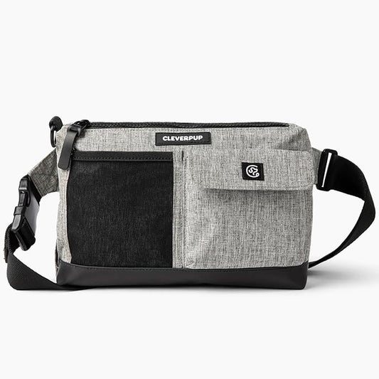 Dog Walk & Train Sling Bag by Cleverpup - Hands-Free 2-In-1 Treat Pouch, Poop Bag Holder, Clicker, Phone Pocket - Crossbody/Fanny Pack, Adjustable Strap - Heather Grey