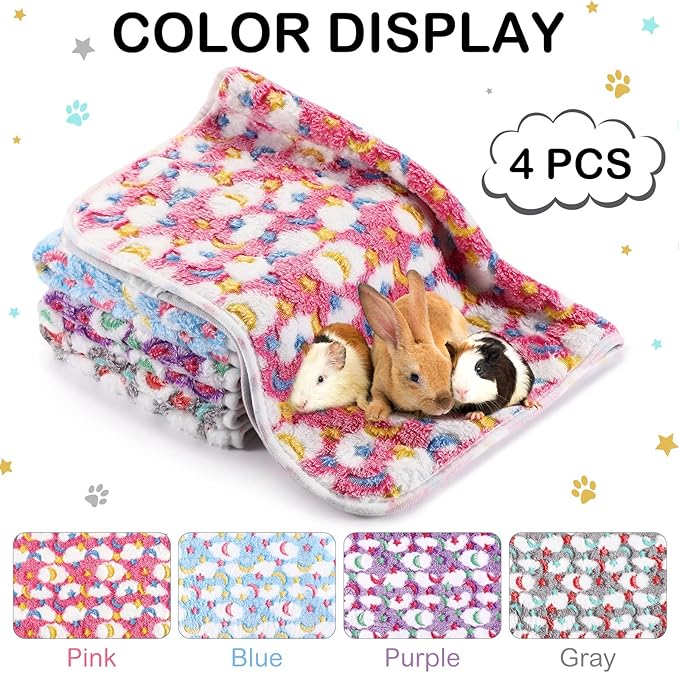 Reginary 4 Pcs Waterproof Guinea Pig Blankets Washable Small Animal Fleece Bedding Guinea Pig Cage Liners Reusable Training Pads Pet Pee Pad Sleep Mat for Hamster(Moon Star Pattern,12 x 12 Inch)