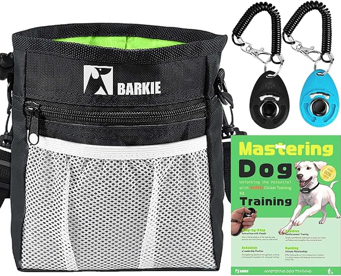 BARKIE Dog Treat Pouch and 2 Pet Training Clickers with Dog Positive Reinforcement Training Booklet (Black)