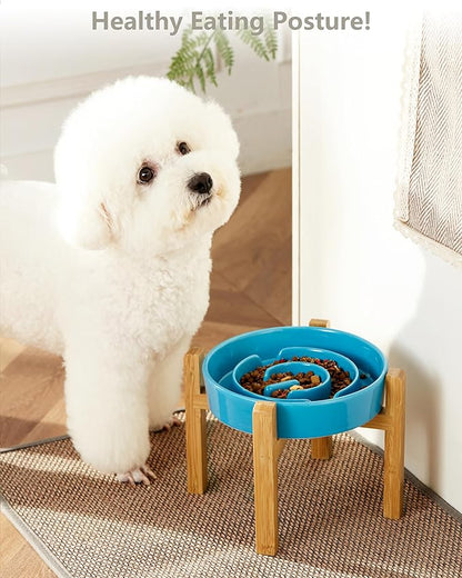 Ceramic Slow Feeder Dog Bowls Elevated, 2.0 Cups Slow Feeder for Medium and Large Dogs, Puzzle Maze Bowl to Slow Down Eating, 30oz, 8in, Blue