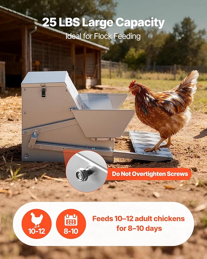 VEVOR Automatic Chicken Feeder, 25 lbs Upgraded Rainproof Treadle Poultry Feeder with Lockable Lid, No Waste, Galvanized Steel Construction, Outdoor Use, for Chicken, Bantams, Poultry, Pheasants