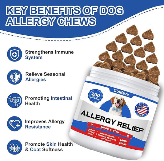 Dog Allergy Chews 200PCS Allergy and Immune Chews for Dogs Anti Itch Immune Treats Skin & Coat Supplement with Probiotics Itchy Skin Relief Treatment Pills for Skin Itchy Licking Seasonal Allergies