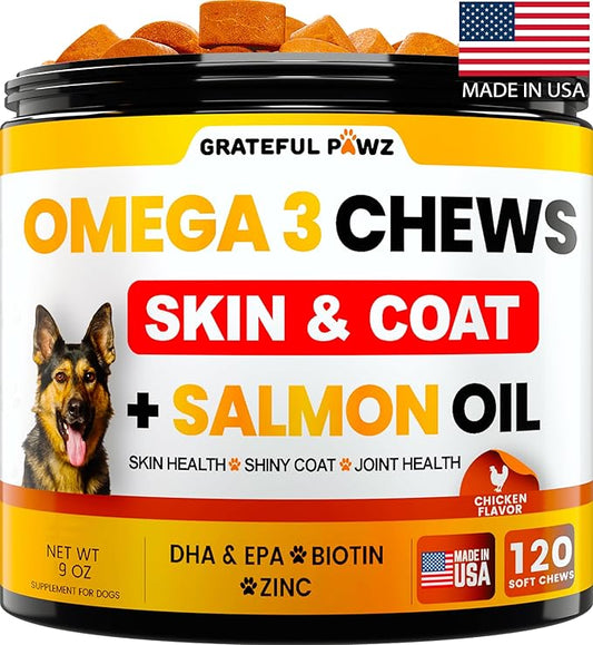 Omega 3 for Dogs - Fish Oil for Dogs Chews - Allergy and Itch Relief - Anti Shedding Supplement - Joint Health Treatment - Dry Itchy Skin and Coat Supplement - Salmon Oil - EPA & DHA - Made in USA