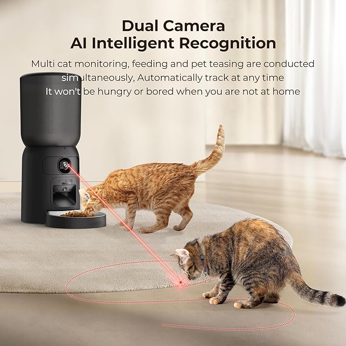 Smart Pet Feeder with 2K Dual Camera & AI Recognition, 6L Automatic Cat Dog Feeder with App Control, 2.4G/5G WiFi, Voice Message, Pet Interaction, Motion Tracking, No Clog, Dual Power, for Multi-Pet