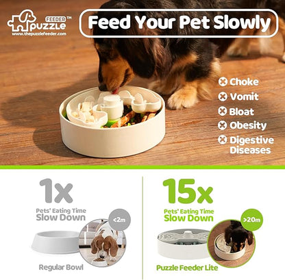 Puzzle Feeder Slow Feeder Dog Bowl for Puppies with Non-Slip Base - Adjustable Speed Design, Removable Puzzle Inserts & Dishwasher Safe, Green