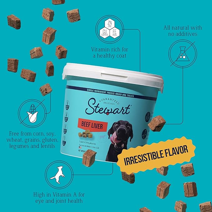 Stewart Beef Liver Dog Treats, 4 oz, ~90 Pieces, Freeze Dried Raw, Single Ingredient, 50% Protein Training Treats or Meal Topper in a Resealable Tub, Grain Free, Gluten Free