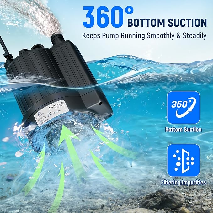 D-HONOR Sump Pump, Submersible Water Pump 1/3 HP 1600 GPH with Float Switch, Automatic Utility Pump for Pool, Pond, Garden, Flooded Basement, Aquarium, and Irrigation, with 10 Ft Power Cord