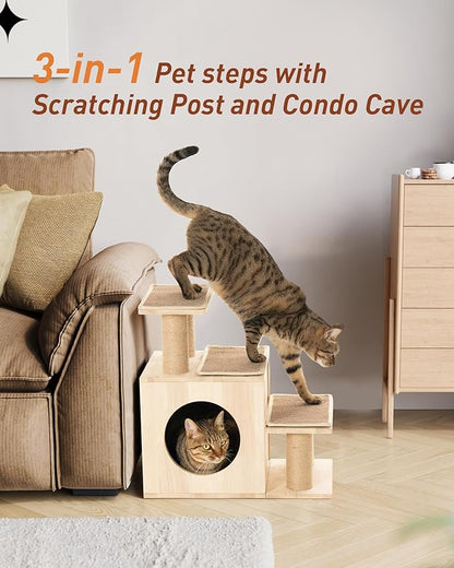 3-in-1 Pet Stairs for Cats, 6.3" Depth Pet Steps for Cat, Wood Cat Stairs for High Bed and Sofa, 1 Condo Cave, Scratching Post, Sturdy Indoor Pet Stairs with Non-Slip Carpet Pads