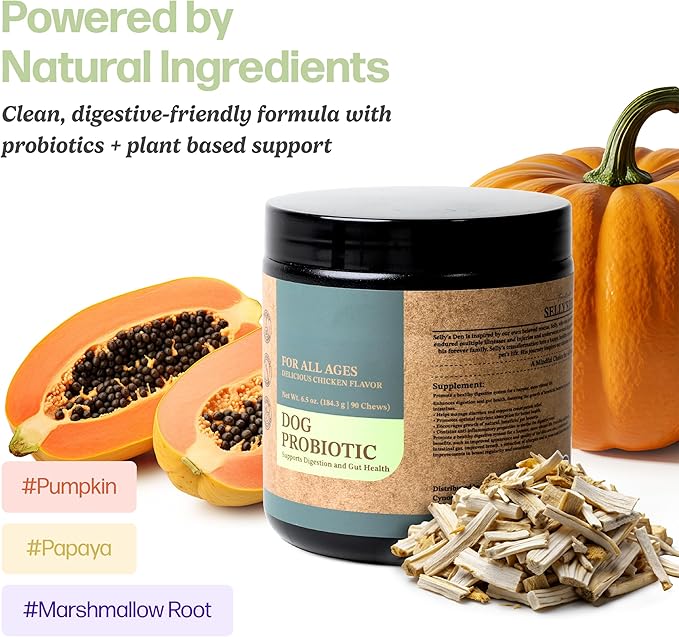 Selly’s Den Probiotics for Dogs Chicken Flavor Chew Supplement 6 Strain Blend Digestive & Immune Support Soft Chews with Enzymes, Prebiotics & Probiotics – Made in USA - 90 Count, 6.5 Oz