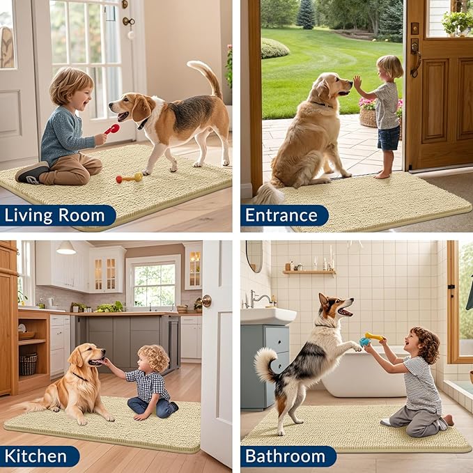 Smiry Dog Door Mat for Muddy Paws 36x24, Absorbs Moisture and Dirt Doormat, Non-Slip Washable Quick Dry Chenille Front Door Mat Indoor Entrance, Entryway Carpet for Inside Floor, Cream White