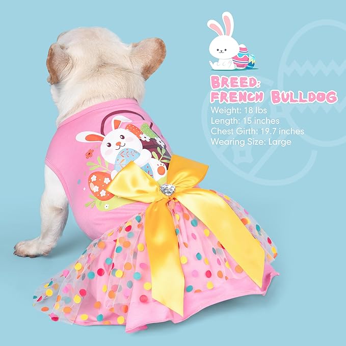 cyeollo Easter Day Dog Dress Dog Clothes Girl Skirt Holiday Outfit Bunny Egg Print Tulle Doggie Dresses for Small Dogs Cats Pet Apparel, Pink L