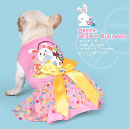 cyeollo Easter Day Dog Dress Dog Clothes Girl Skirt Holiday Outfit Bunny Egg Print Tulle Doggie Dresses for Small Dogs Cats Pet Apparel, Pink L