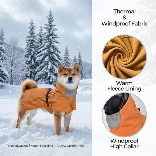 Softshell Dog Coat for Winter Walks and Hiking, Windproof and Water-Repellent Jacket with Harness Opening and Reflective Strips, Ideal Stocking Stuffer for Active Dogs (Aurantium, Medium)
