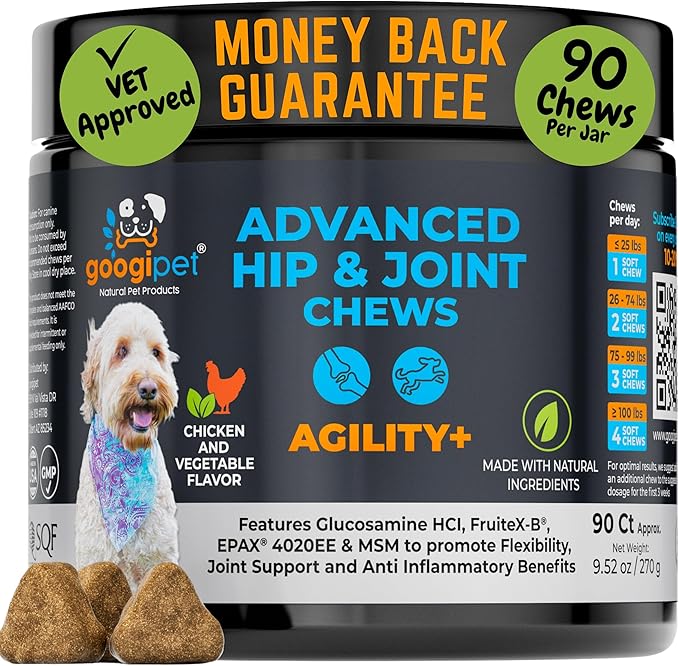 Googipet Premium Hip and Joint Supplement for Dogs - Glucosamine Soft Chews w/Green Lipped Mussels for Dogs, Dog Joint Supplement Turmeric for Mobility, Ages, & Breeds