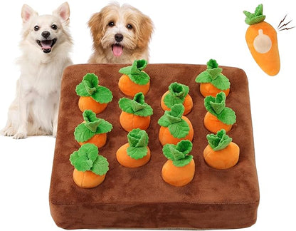Interactive Dog Toys，Squeak Carrot Snuffle Mat for Dogs Plush Puzzle Toys 2 in 1 Non-Slip Nosework Feed Games for Pet Stress Relief with 12 Carrots…