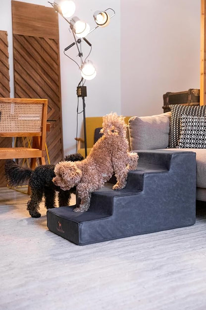 Noah & Paw Dog Stairs, Dog Ramp for Bed (17" Extra Wide) Pet Stairs for High Bed, Design to Fit Small and Large Breeds, Durable 4 Pet Steps for Couch (35 Foam Density) Leather Collection