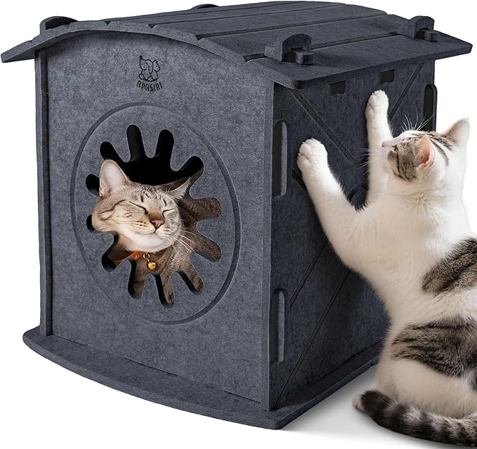 Apasiri Cat Houses for Indoor Cats: Felt Cat House Cave Cathouse, 15x14x15Inch Scratch-Resistant Warm Insulated Covered, Hideaway Tent for Anxiety Relief Gift, Grey