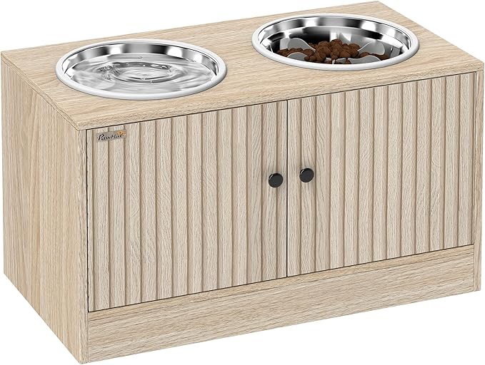 PawHut Elevated Dog Bowls with Storage Cabinet, Raised Dog Bowl Stand, Pet Feeding Station with Slow Feeder & Non-Slip, for Large Pets, Oak
