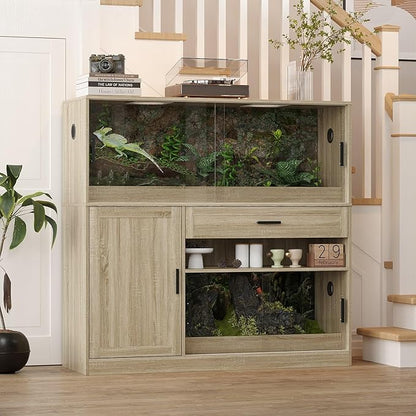 DAWNSPACES Terrarium Stand, Bearded Dragon Cage, Reptile Tank Stand Enclosure, Terrarium Table with Tempered Glass, Ventilation Holes, 1 Cabinet and 1 Drawer for Living Room, Light Oak
