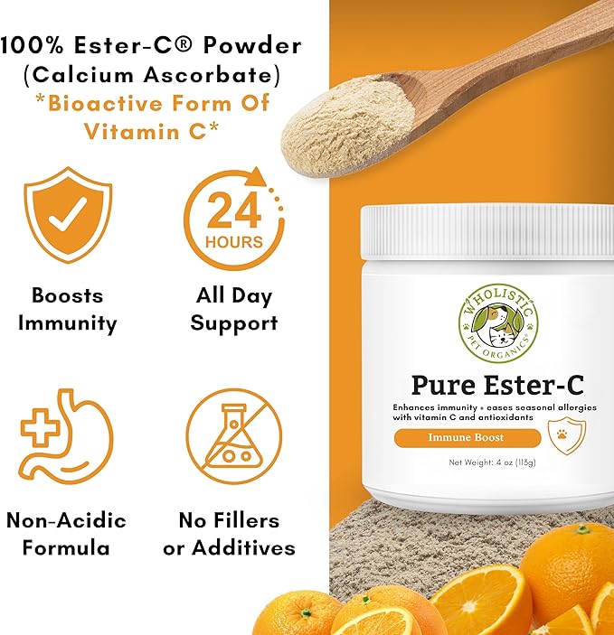 Wholistic Pet Organics Pure Ester-C Powder for Dogs - 4 Oz - Healthy Alternative to Dog Allergy Chews - Vitamin C Supplement for Dog Allergy Relief, Immune Support, Itch Relief for Dogs - Made in USA