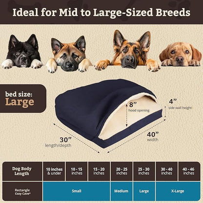 Snoozer Rectangle Cozy Cave Dog Bed - Indoor Dog Bed with Cover Cave, Covered Calming Burrow for Medium & Large Sized Pets with Blanket Attached, Enclosed, Washable Cover - Large, Navy