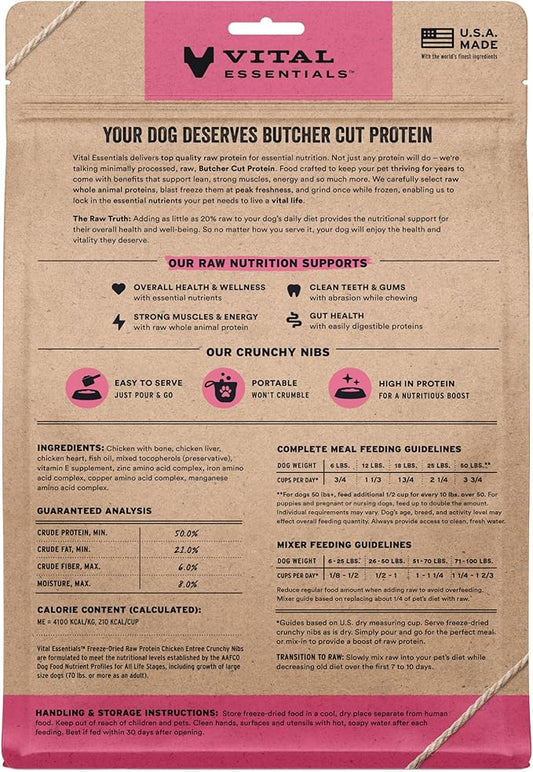 Vital Essentials Freeze-Dried Raw Chicken Crunchy Nibs | Complete Meal or Mixer Dog Food | 14 oz